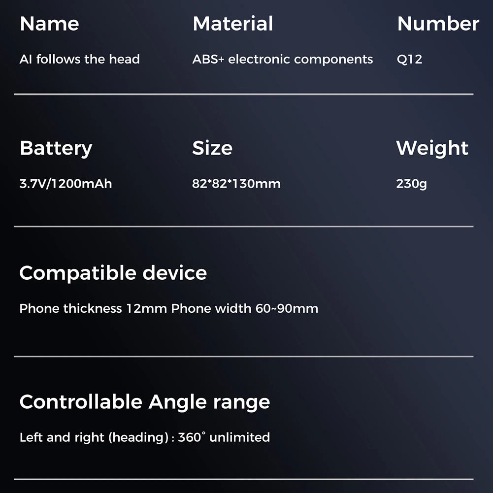 360° Rotating Auto Face Tracking Phone Stand No App Gesture Control Smart Shooting Camera Mount with Selfie Light Remote