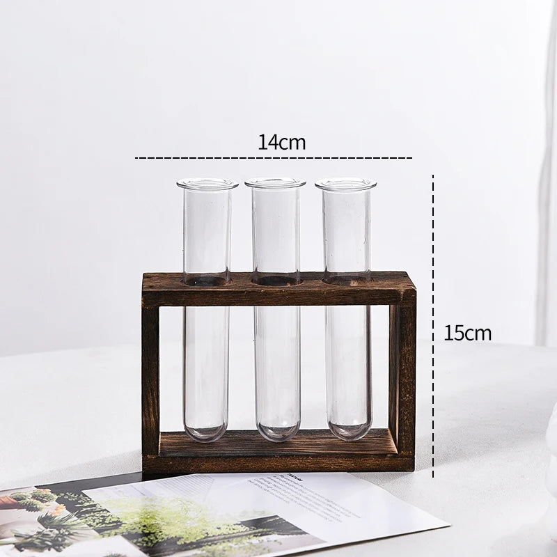 1 Set Creative Hydroponic Plants Container with Wood Frame Transparent Test Tube Vase Bonsai Home Desktop Decor Crafts