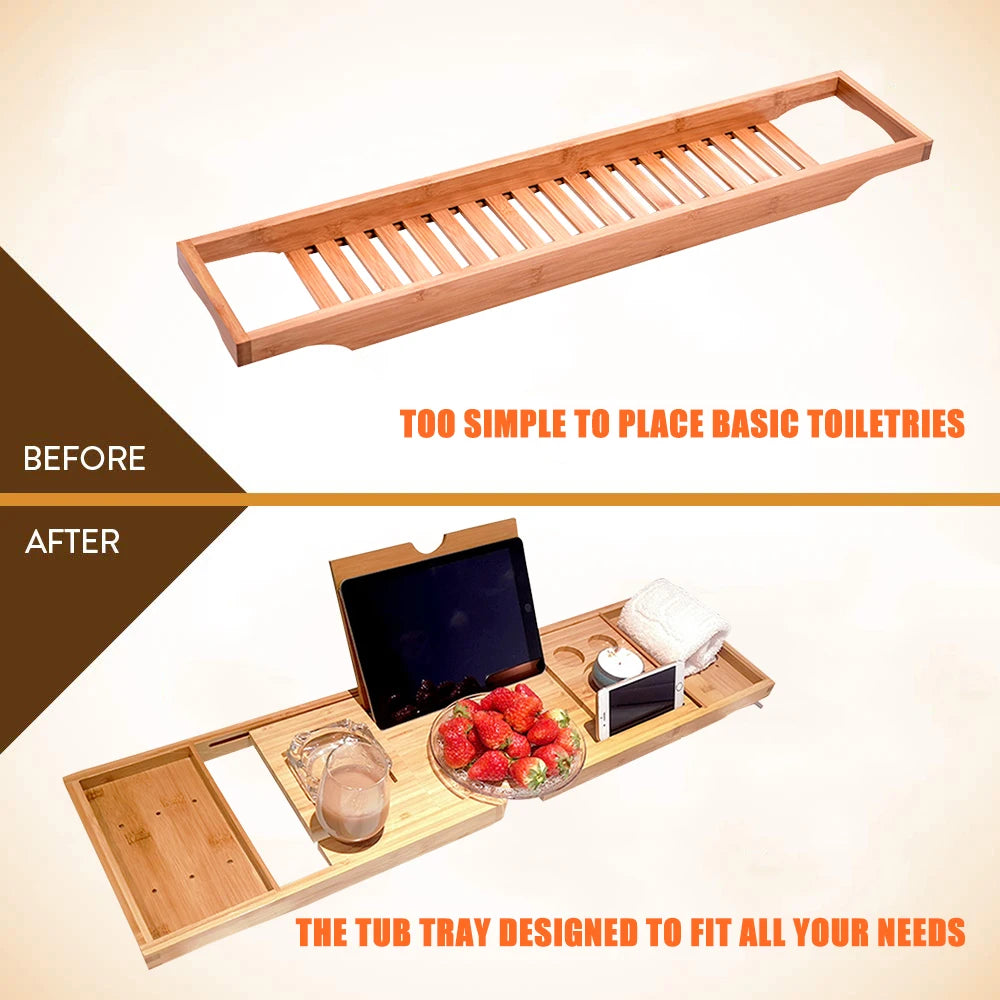 Bathtub Caddy Tray Bamboo Spa Bathtub Caddy Organizer Book Wine Tablet Holder Reading Rack Nonslip Bottom Extendable Sides