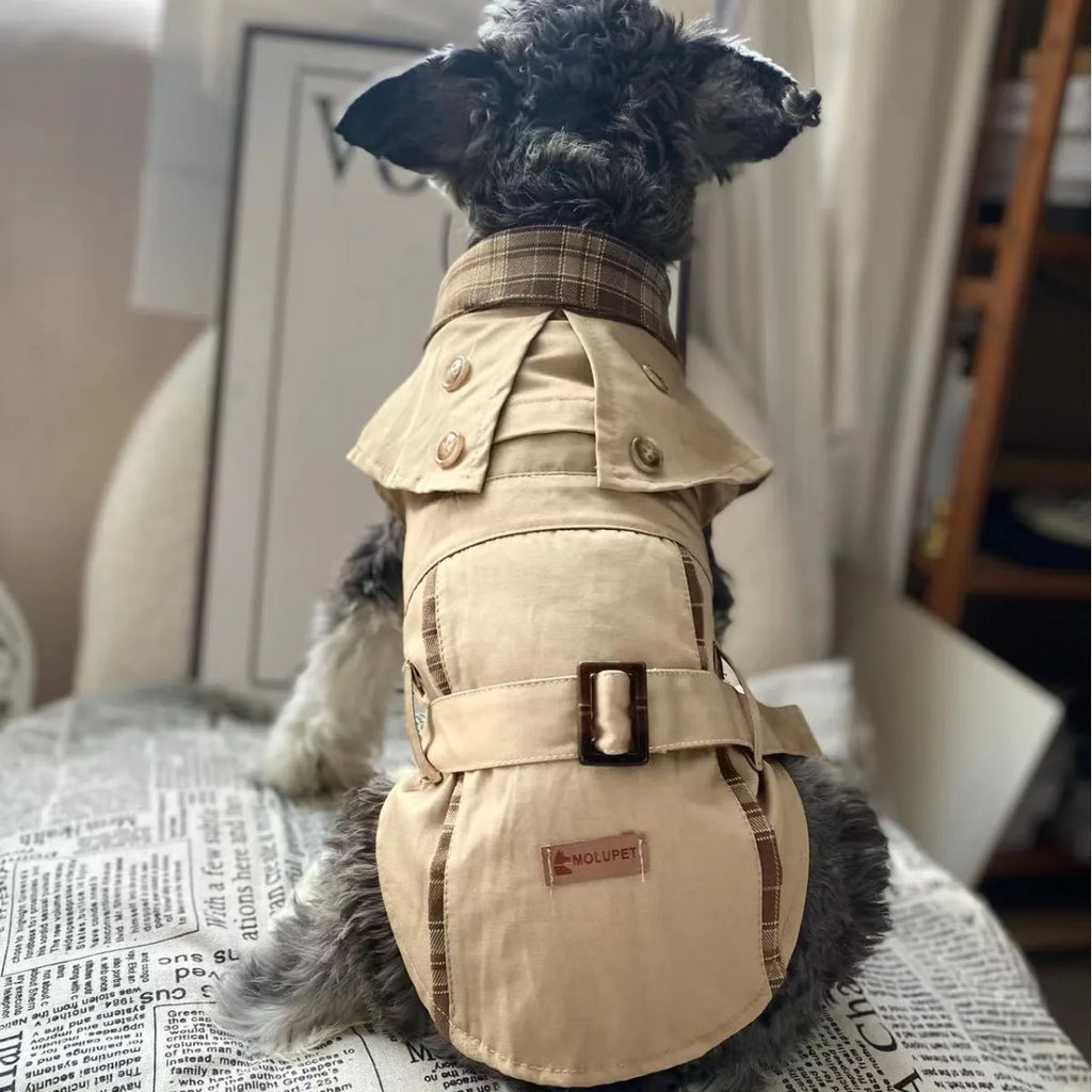 British Style Dog Coat Durable Pet Outerwear Brown Plaid with Adjustable Straps for Cold Weather Puppy Kitten Small Dog Cape