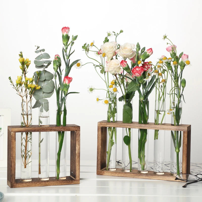 1 Set Creative Hydroponic Plants Container with Wood Frame Transparent Test Tube Vase Bonsai Home Desktop Decor Crafts