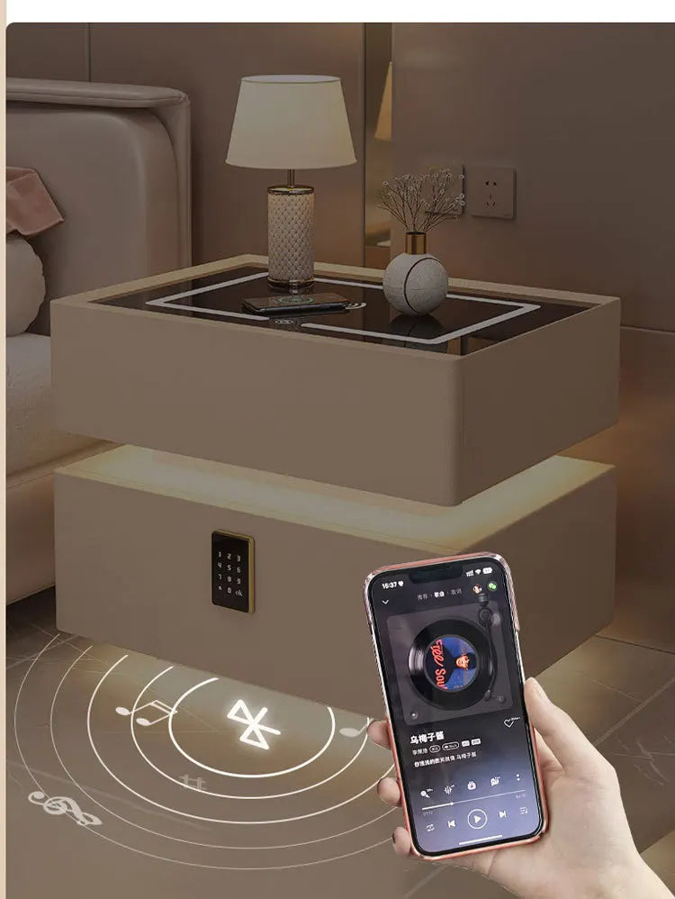 Smart Nightstand with Wireless Charger Bluetooth Speaker Sensor Light Ambient Lamp Password Lock Bedside Table for Bedroom