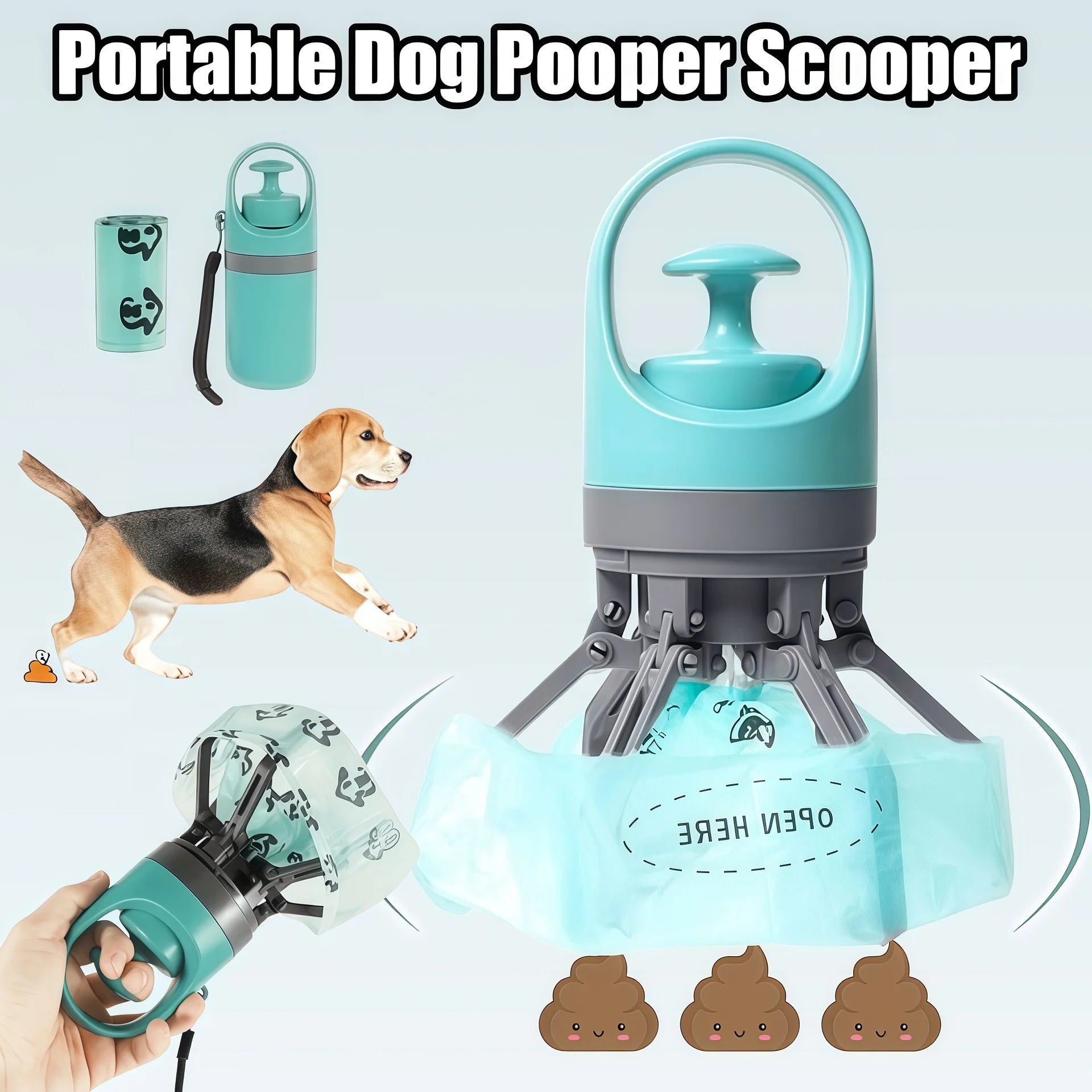 Portable Dog Pooper Scooper Pet Waste Pick-up Outdoor Cleaner Built-in Garbage Bag Handheld Pet Poop Grabber No Touch Design