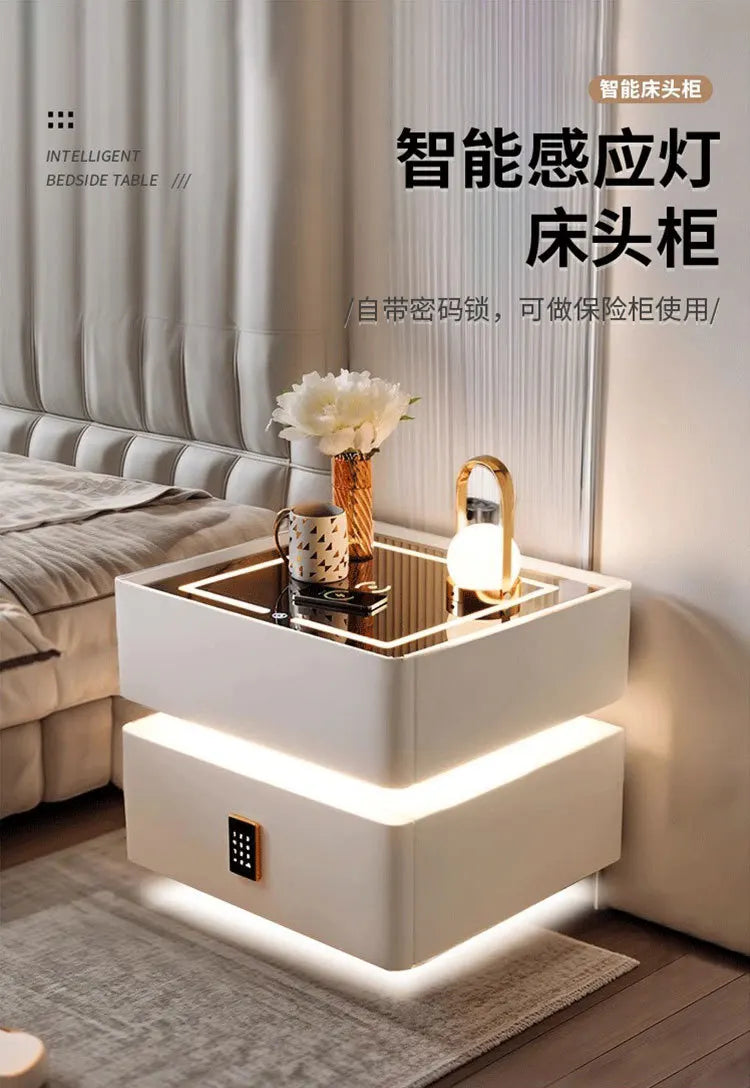 Smart Nightstand with Wireless Charger Bluetooth Speaker Sensor Light Ambient Lamp Password Lock Bedside Table for Bedroom