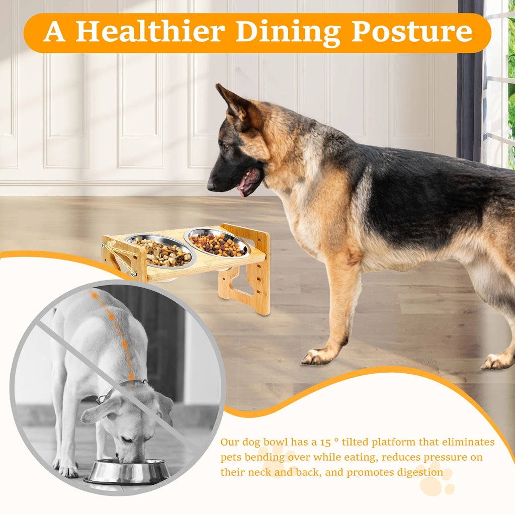 Elevated Dog Bowls Wood Tilted Adjustable Dogs Feeder Stand with Stainless Steel Food Bowls for Your Cat and Dog Pet Accessories