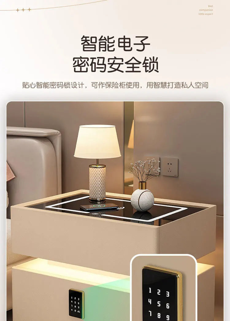 Smart Nightstand with Wireless Charger Bluetooth Speaker Sensor Light Ambient Lamp Password Lock Bedside Table for Bedroom