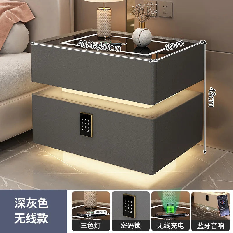Smart Nightstand with Wireless Charger Bluetooth Speaker Sensor Light Ambient Lamp Password Lock Bedside Table for Bedroom