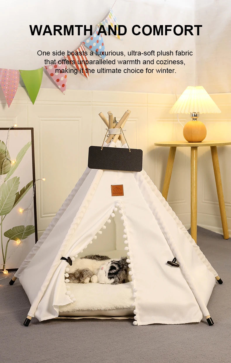 Winter Pet Teepee Tent w/ Dual-Sided Cushion, Warm Plush Side, Anti-Slip Base, Stabilizers, Fully Washable - Ideal for Dogs cats