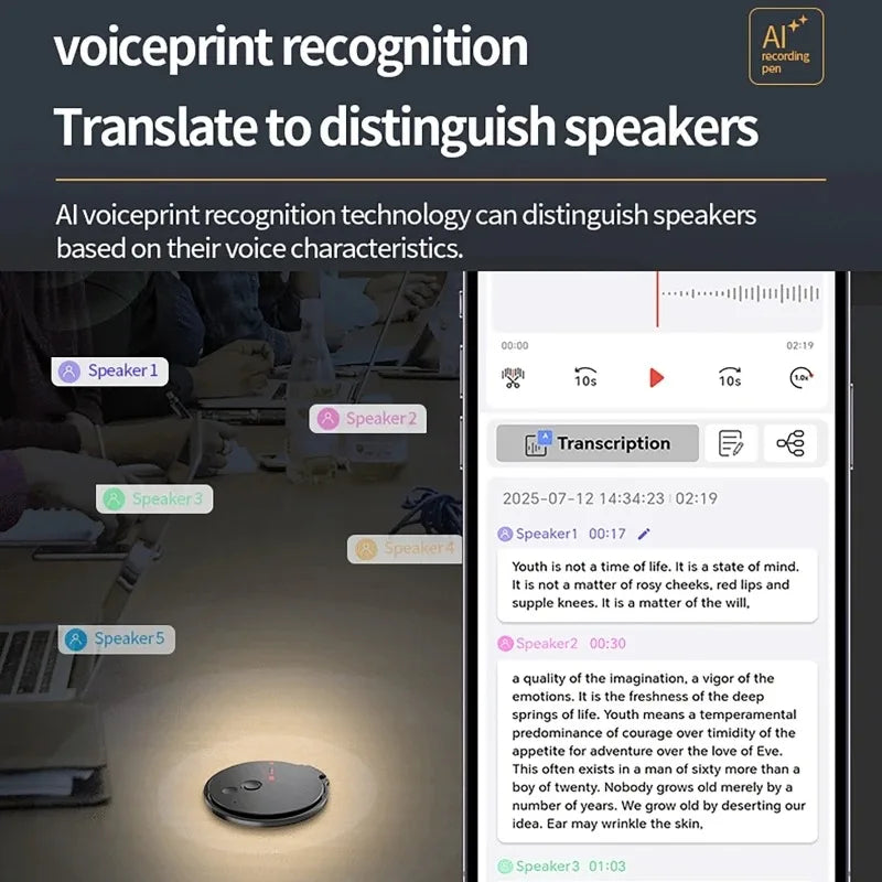 A30 AI Voice Recorder with Real-Time Transcription&Translation Digital Voice Recorder Support 189 Languages for Lectures Meeting