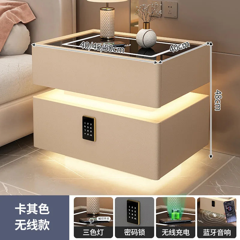 Smart Nightstand with Wireless Charger Bluetooth Speaker Sensor Light Ambient Lamp Password Lock Bedside Table for Bedroom
