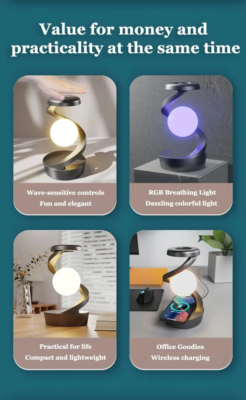 Wireless Charging Rotating Suspension Night Light Hand-waving Control RGB Atmosphere Table Lamp For Bedroom Office Decor