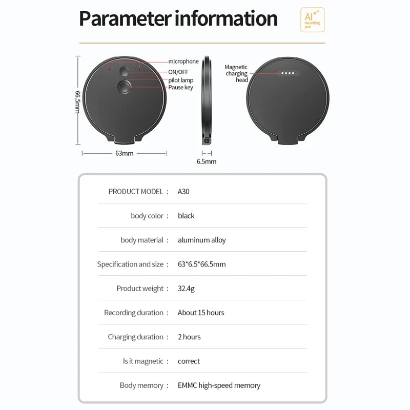 A30 AI Voice Recorder with Real-Time Transcription&Translation Digital Voice Recorder Support 189 Languages for Lectures Meeting