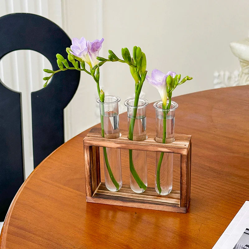1 Set Creative Hydroponic Plants Container with Wood Frame Transparent Test Tube Vase Bonsai Home Desktop Decor Crafts