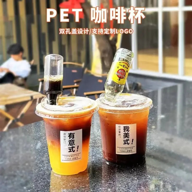 20pcs 98 Caliber Disposable Coffee Cup Double Hole Lid Small Wine Bottle Transparent Milk Tea Cup Takeaway  Juice Cups with Lids