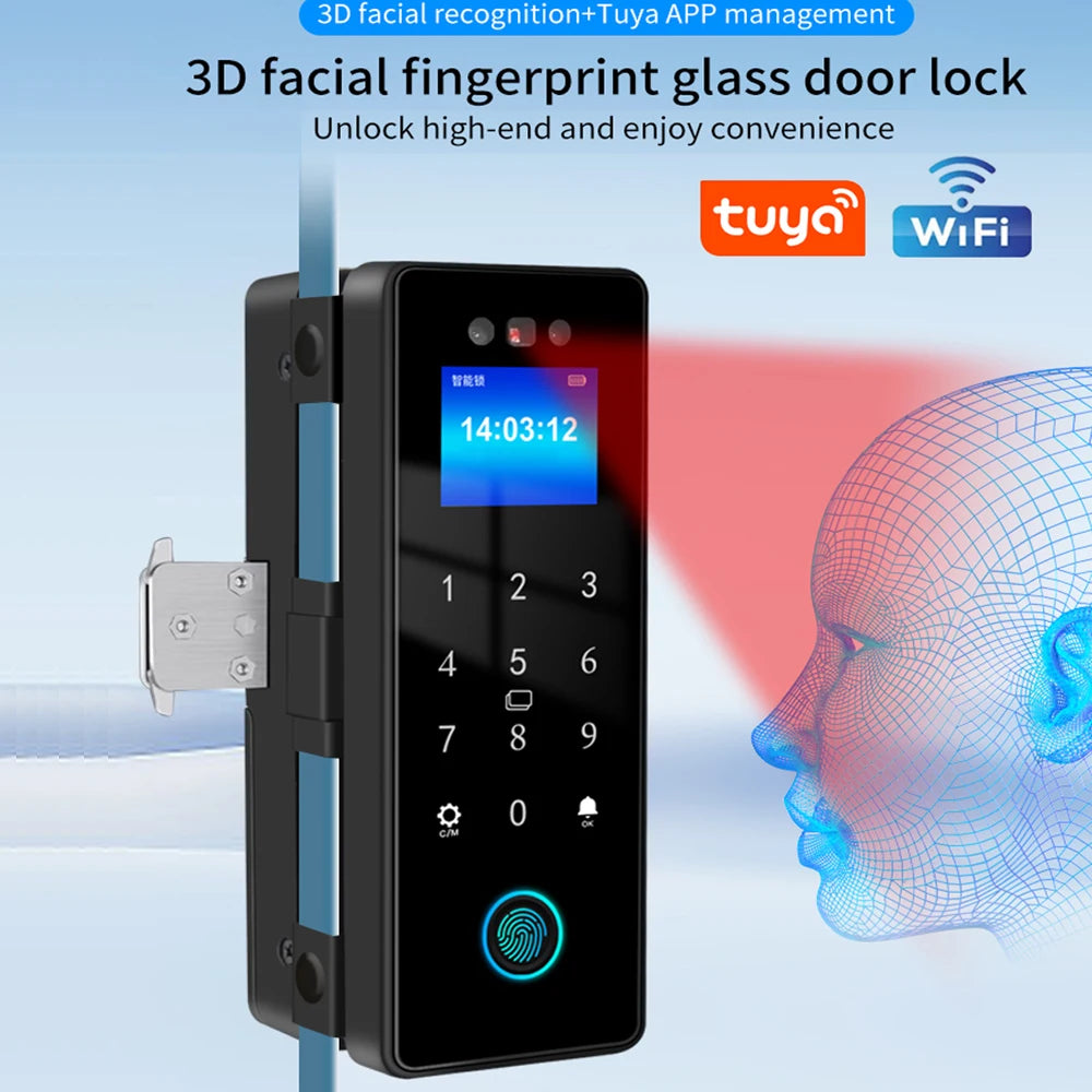 WIFI Tuya 3D Face Recognition  Smart Glass Lock Biometric Electronic Fingerprint Unlock Glass Door Lock Mobile remote Control