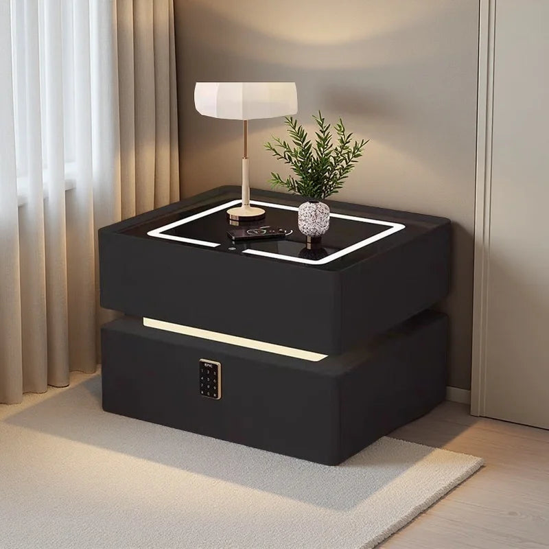 Smart Nightstand with Wireless Charger Bluetooth Speaker Sensor Light Ambient Lamp Password Lock Bedside Table for Bedroom
