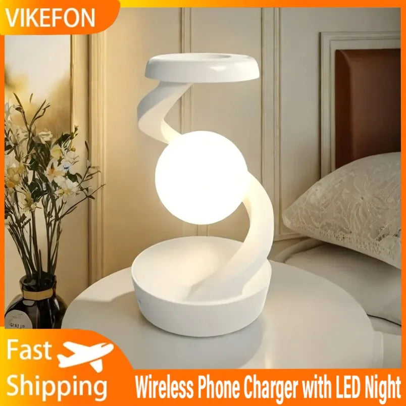 Wireless Charging Rotating Suspension Night Light Hand-waving Control RGB Atmosphere Table Lamp For Bedroom Office Decor