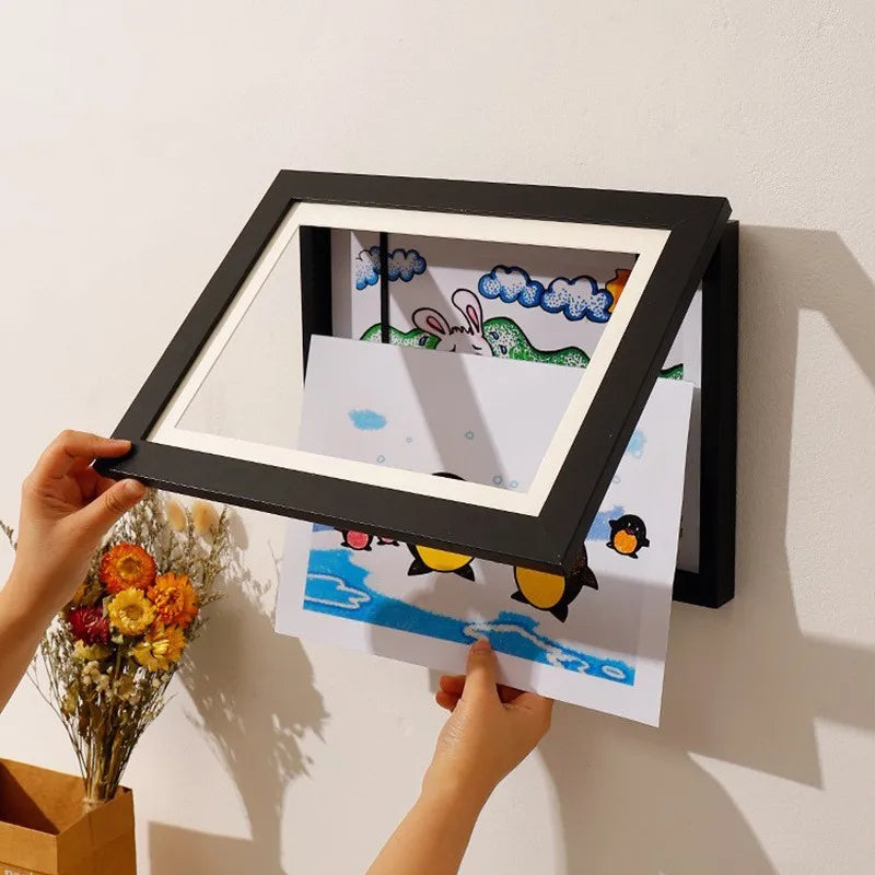Magnetic Wooden Flip Art Photo Frame, A4 Photo Frame, DIY Photo Frame, Children's Storage Display Frame, Home Decoration