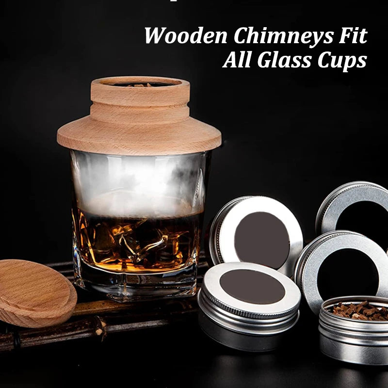 Wooden Bar Cocktail Smoker Kit Whiskey Tequila Wooden Smoked Wood Hood Smoker for Drinks Wine Mixing Cover Bar Tool with 4 Box