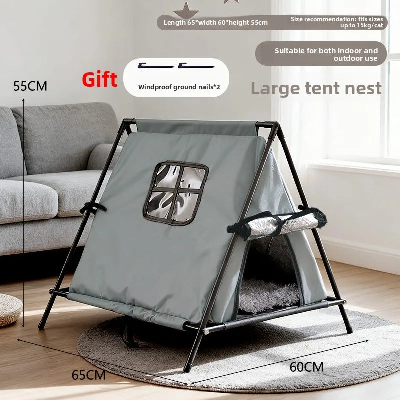 Winter outdoor elevated triangular pet tent with stable support and window for puppies and kittens with thick padding