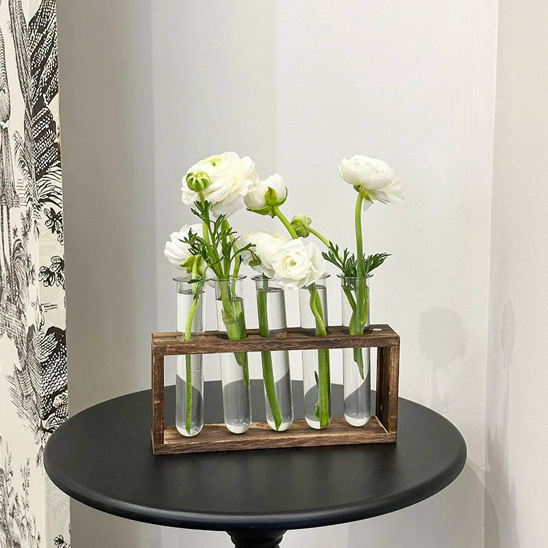 1 Set Creative Hydroponic Plants Container with Wood Frame Transparent Test Tube Vase Bonsai Home Desktop Decor Crafts