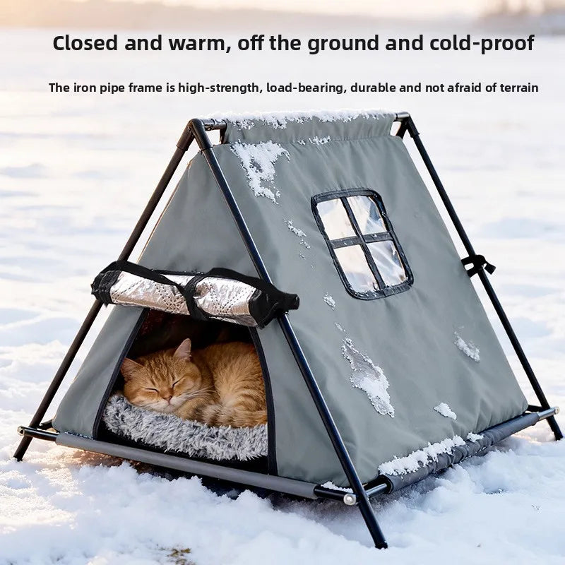 Winter outdoor elevated triangular pet tent with stable support and window for puppies and kittens with thick padding