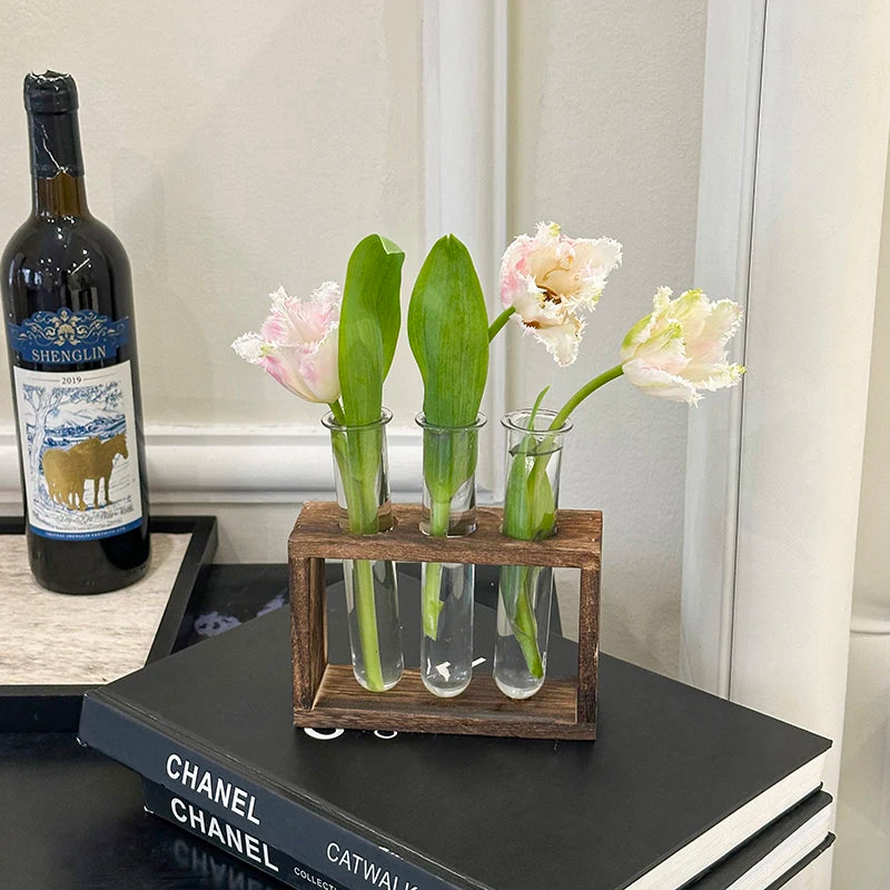 1 Set Creative Hydroponic Plants Container with Wood Frame Transparent Test Tube Vase Bonsai Home Desktop Decor Crafts