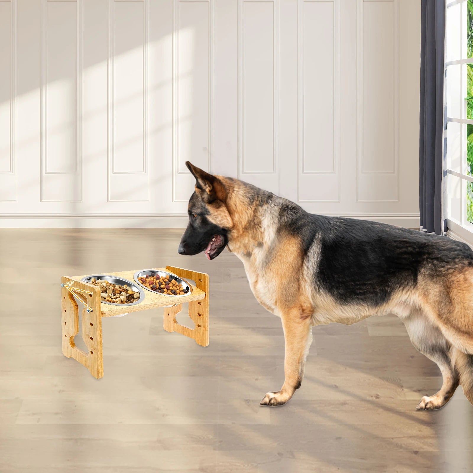 Elevated Dog Bowls Wood Tilted Adjustable Dogs Feeder Stand with Stainless Steel Food Bowls for Your Cat and Dog Pet Accessories