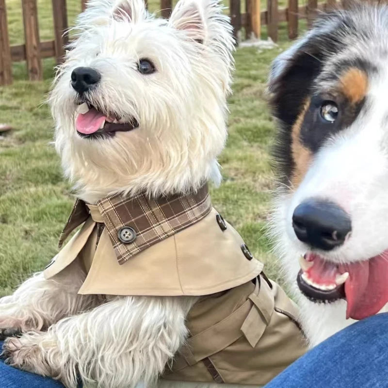 British Style Dog Coat Durable Pet Outerwear Brown Plaid with Adjustable Straps for Cold Weather Puppy Kitten Small Dog Cape