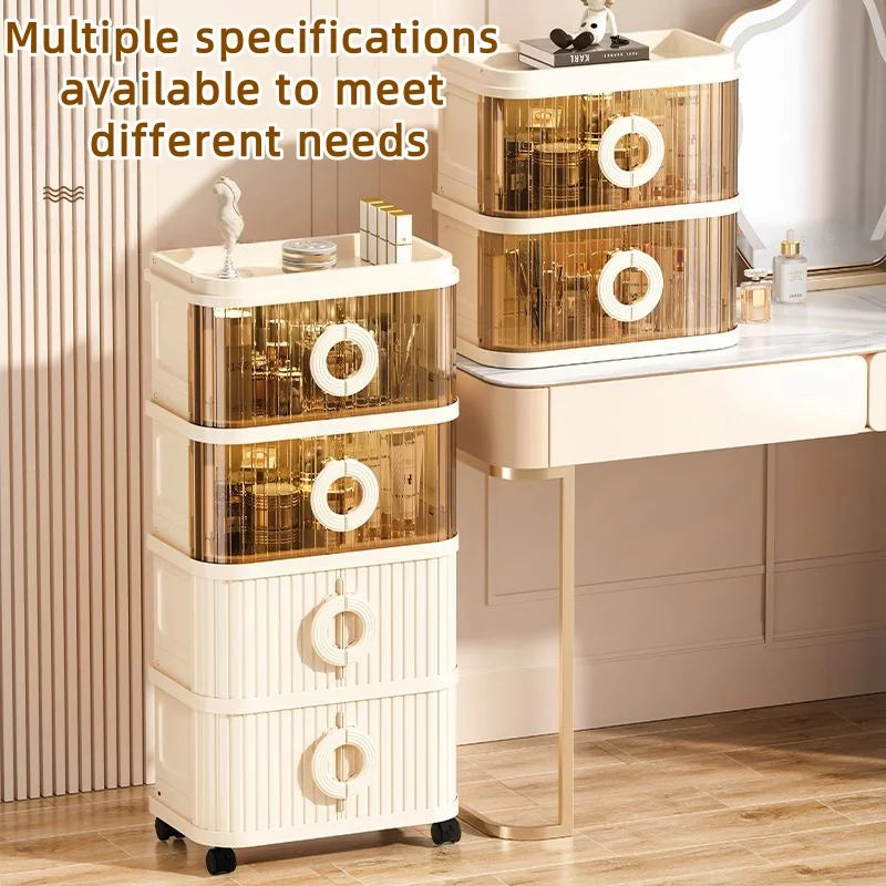 Foldable Makeup Organizer - No Assembly Rolling Cart with Sliding Doors, Large Capacity Space-Saver for Home Storage