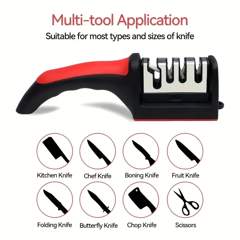 4 in1 Knife Sharpener, 4 Stage Manual Sharpener for Sharpening Kitchen Knives - Ceramic Stone, Tungsten Carbide Plates, Diamond