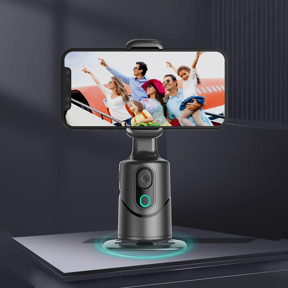 360° Rotating Auto Face Tracking Phone Stand No App Gesture Control Smart Shooting Camera Mount with Selfie Light Remote