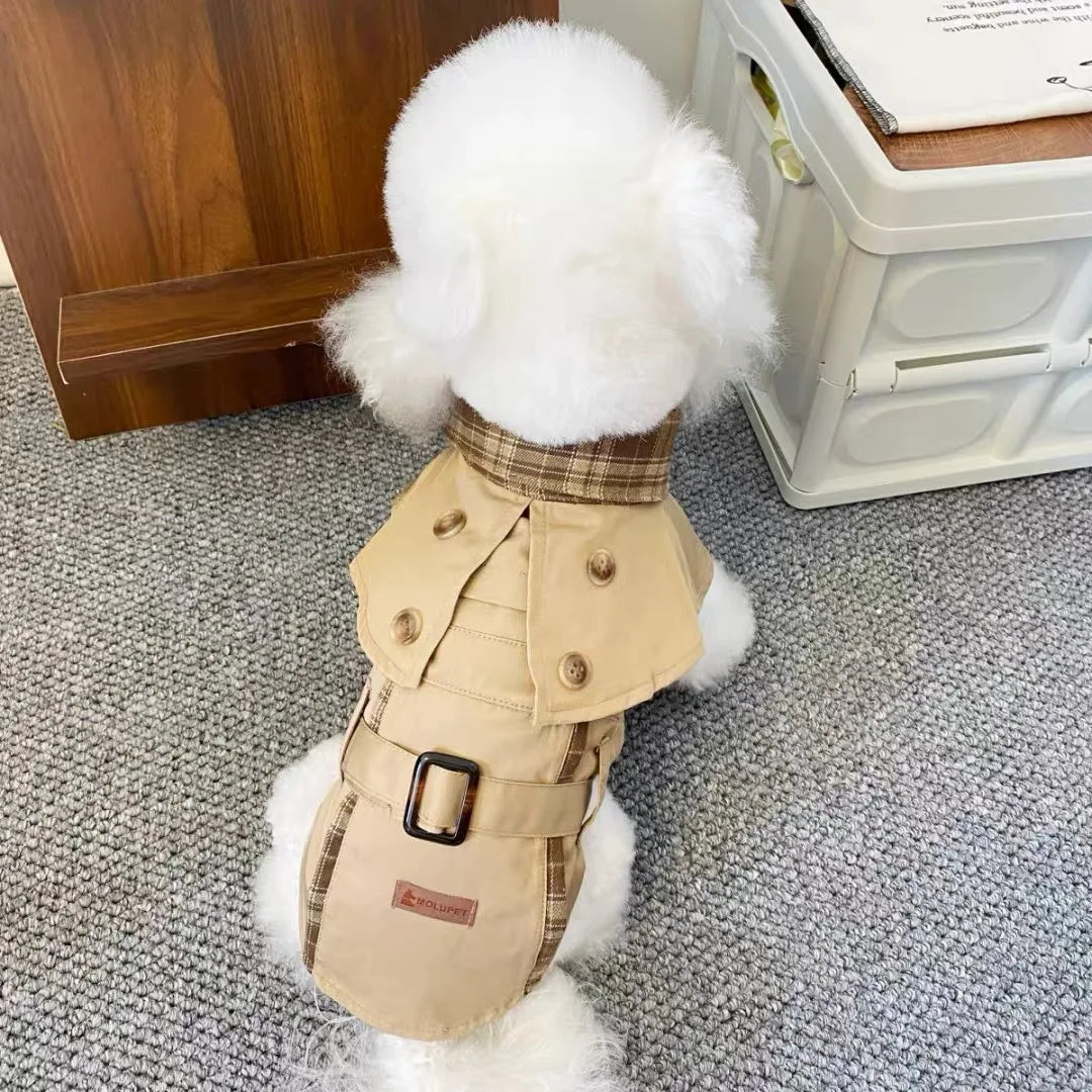 British Style Dog Coat Durable Pet Outerwear Brown Plaid with Adjustable Straps for Cold Weather Puppy Kitten Small Dog Cape