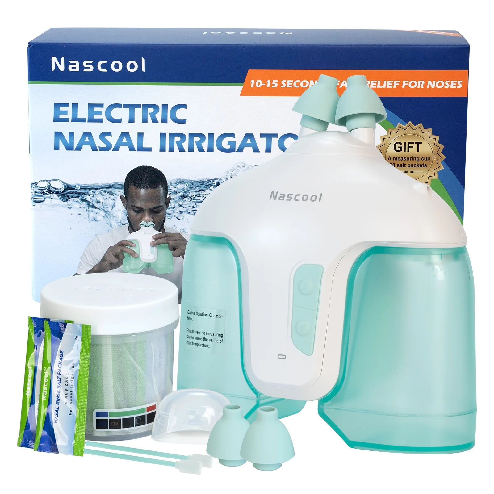 Nascool Electric Nasal Irrigation System with 50 SaltPods Suction Irrigator Nose Washer Sinus Rinse Cleaner Congestion Relief