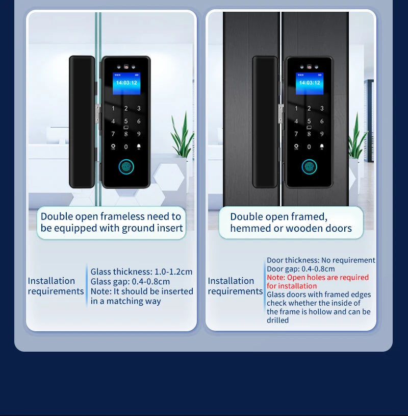 WIFI Tuya 3D Face Recognition  Smart Glass Lock Biometric Electronic Fingerprint Unlock Glass Door Lock Mobile remote Control