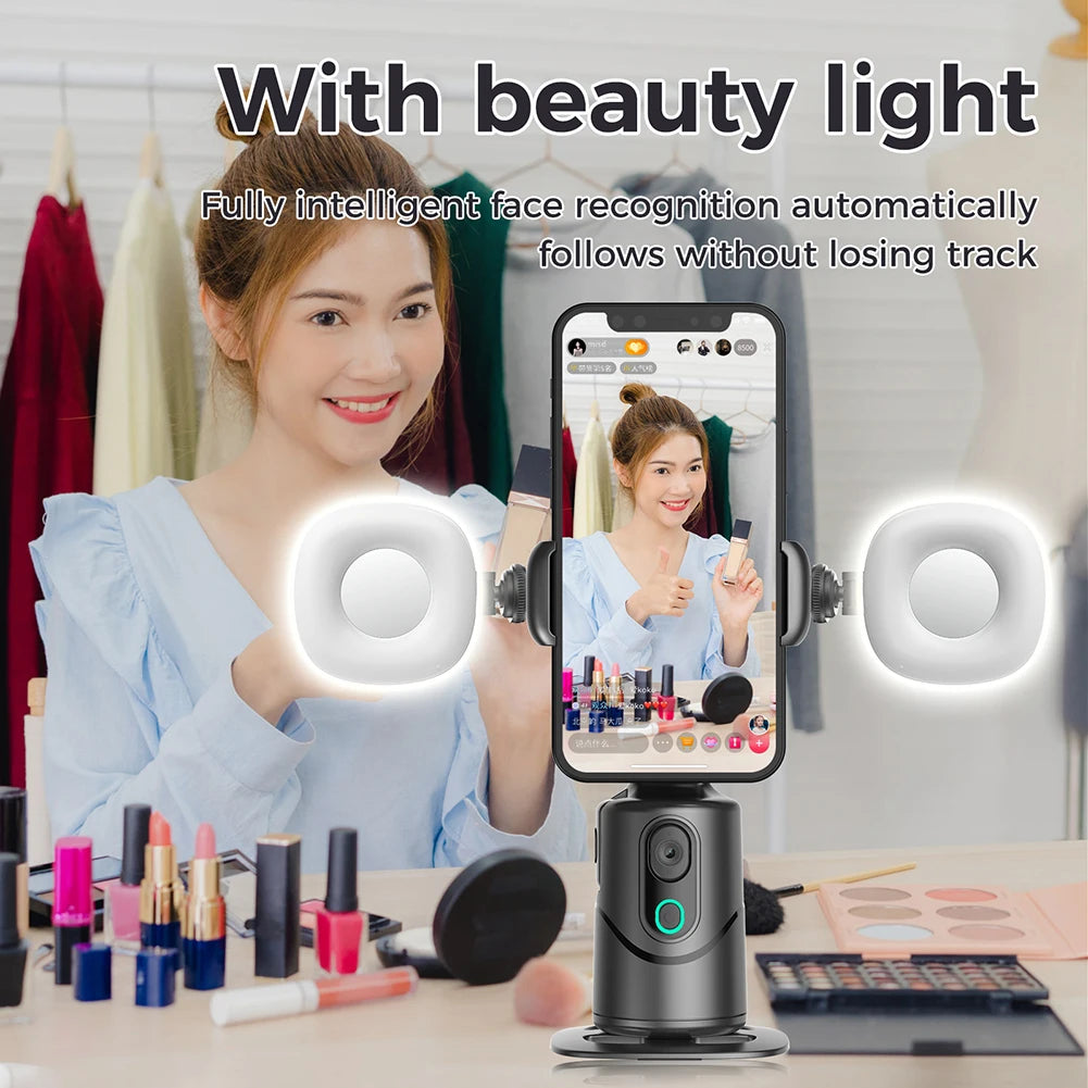 360° Rotating Auto Face Tracking Phone Stand No App Gesture Control Smart Shooting Camera Mount with Selfie Light Remote