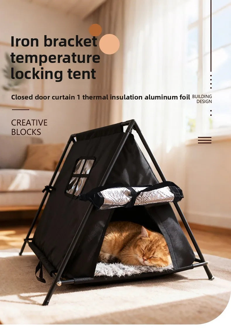 Winter outdoor elevated triangular pet tent with stable support and window for puppies and kittens with thick padding