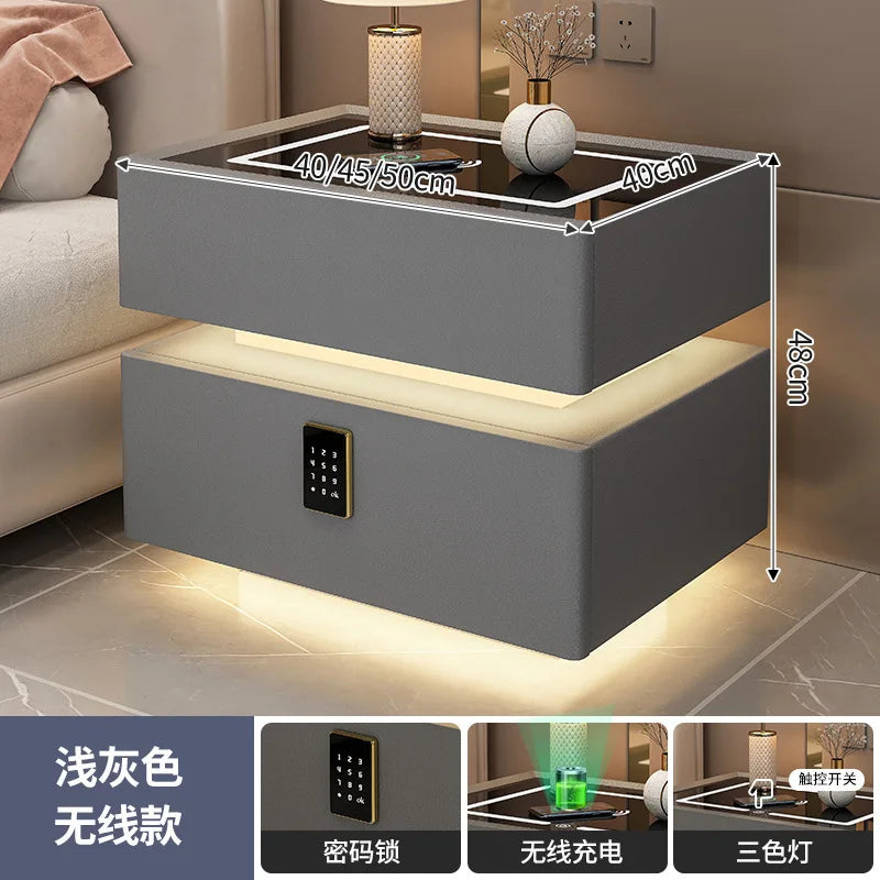 Smart Nightstand with Wireless Charger Bluetooth Speaker Sensor Light Ambient Lamp Password Lock Bedside Table for Bedroom