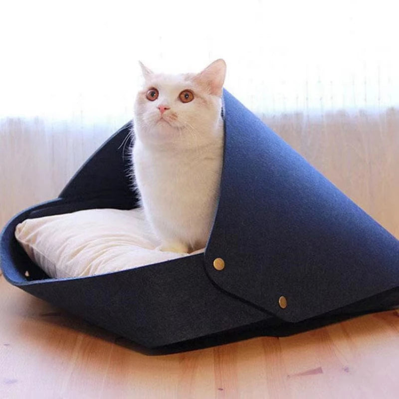 Pet Cat Nest Semi Enclosed Felt Cat Bed All Seasons Foldable Lock Pets House Washable Creative Cat House Cat Accesories