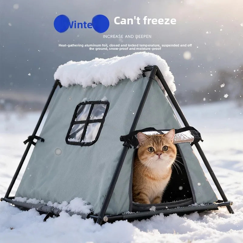 Winter outdoor elevated triangular pet tent with stable support and window for puppies and kittens with thick padding