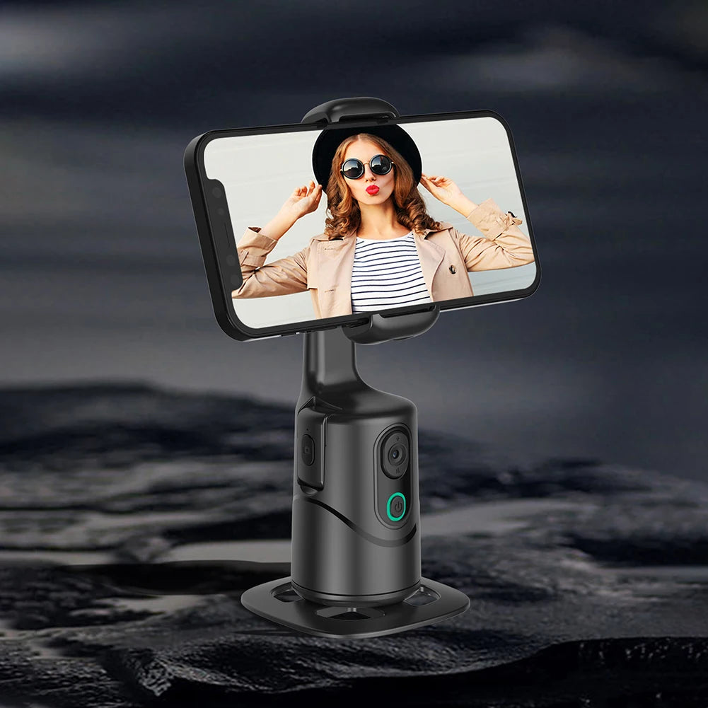 360° Rotating Auto Face Tracking Phone Stand No App Gesture Control Smart Shooting Camera Mount with Selfie Light Remote