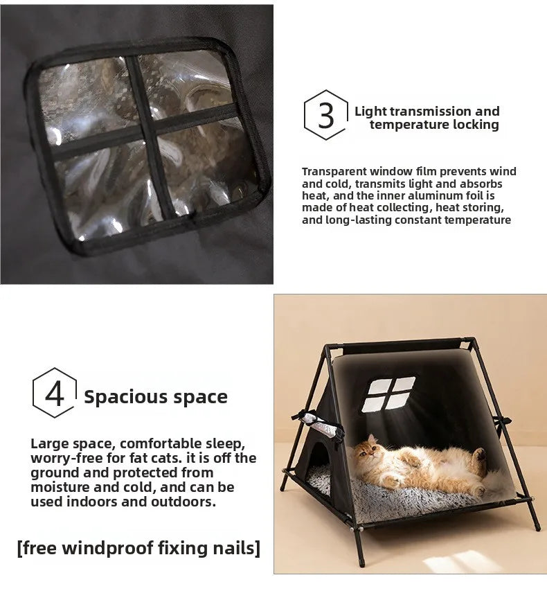 Winter outdoor elevated triangular pet tent with stable support and window for puppies and kittens with thick padding