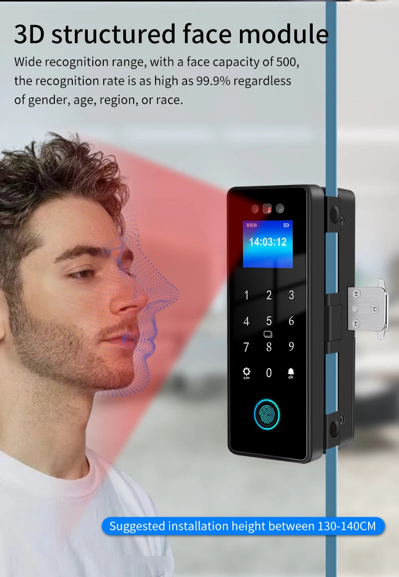 WIFI Tuya 3D Face Recognition  Smart Glass Lock Biometric Electronic Fingerprint Unlock Glass Door Lock Mobile remote Control