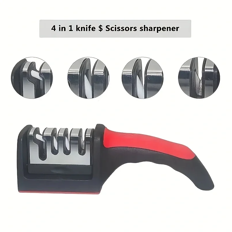 4 in1 Knife Sharpener, 4 Stage Manual Sharpener for Sharpening Kitchen Knives - Ceramic Stone, Tungsten Carbide Plates, Diamond