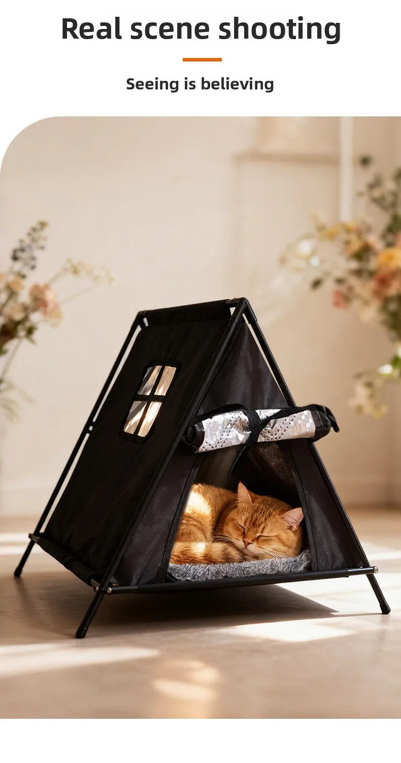 Winter outdoor elevated triangular pet tent with stable support and window for puppies and kittens with thick padding