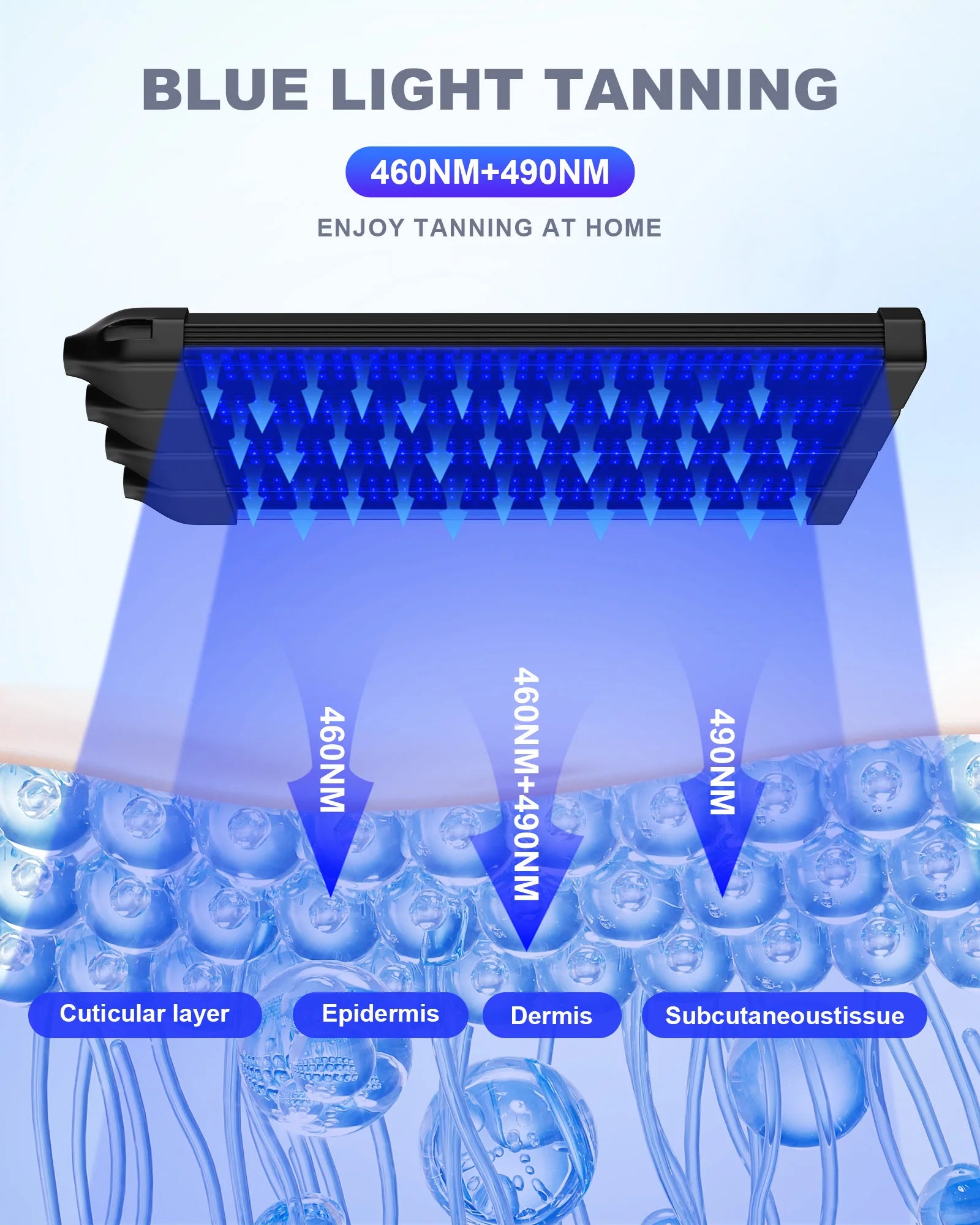 60W Tanning Lamp 4-Head UV Tanning Machine 432 LEDS Blue Light Wavelength 460nm & 490nm 360° Rotation Solarium Tanning Light